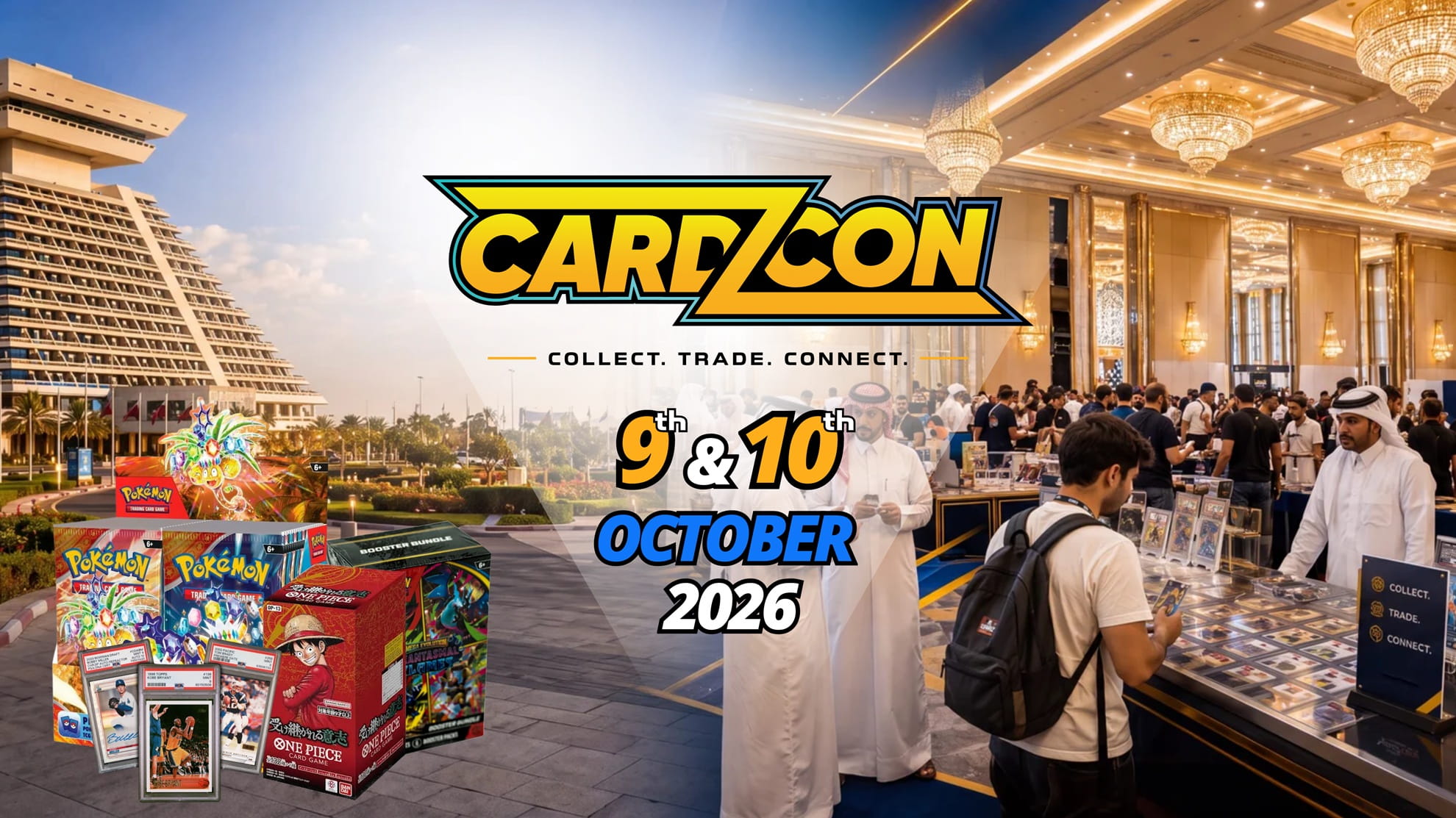 CardzCon 2026 - Collect, Trade, Connect. October 9th & 10th at Sheraton Doha Hotel & Resort. Trading cards, vendor booths, and convention floor.